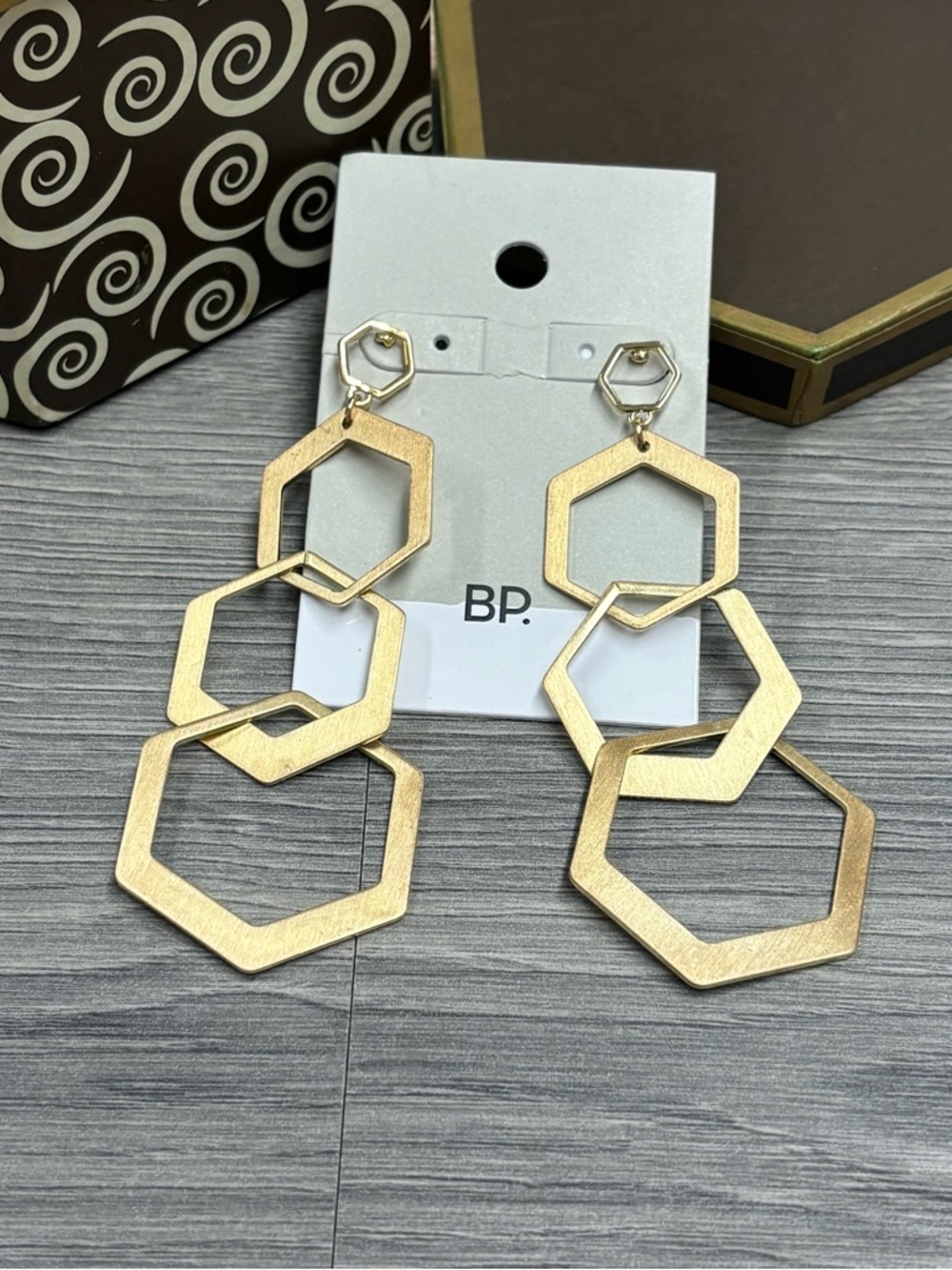 Statement Gold Geometric Hexagon Drop Earrings